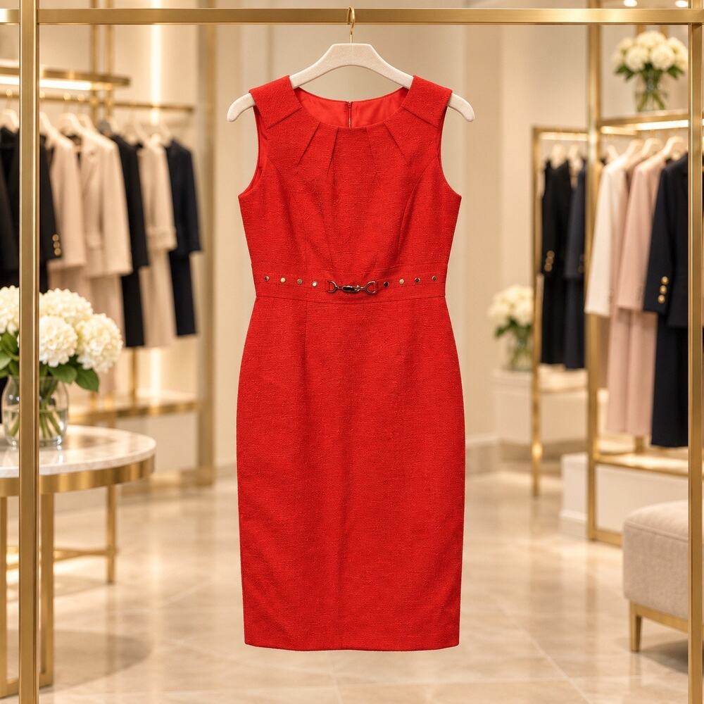 Tahari ASL Up Town Professional Jacquard Sleeveless Studded Faux Belt Dress